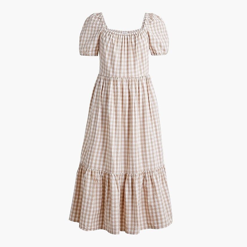 Gingham puff-sleeve tiered midi dress | J.Crew Factory