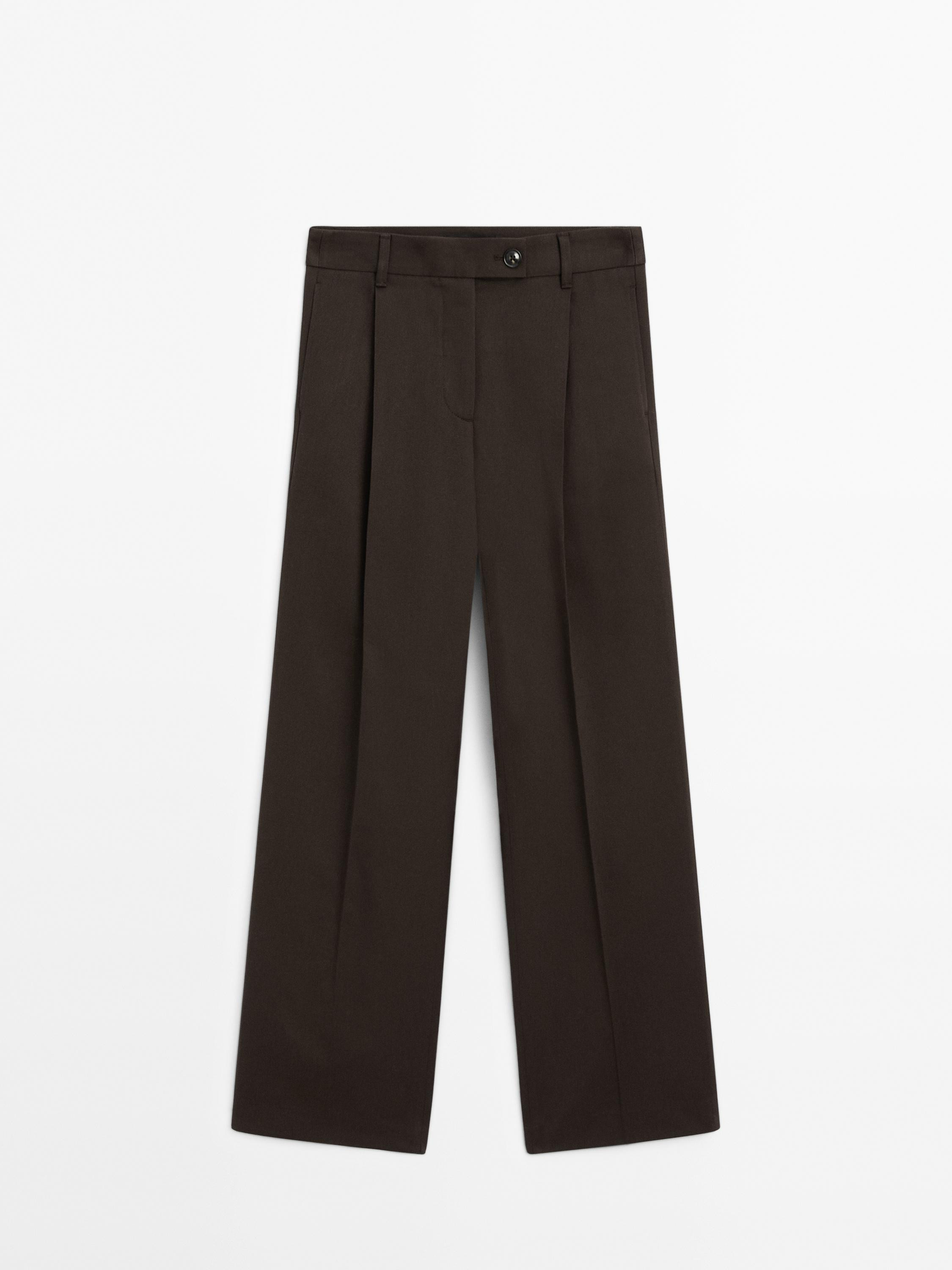 Wide-leg pleated cotton blend trousers | Massimo Dutti US