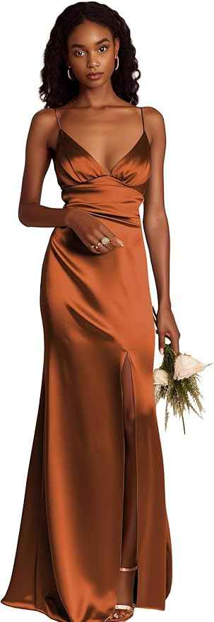 Spaghetti Straps Bridesmaid Dresses Long for Women A-Line Satin Formal Gown with Slit | Amazon (US)