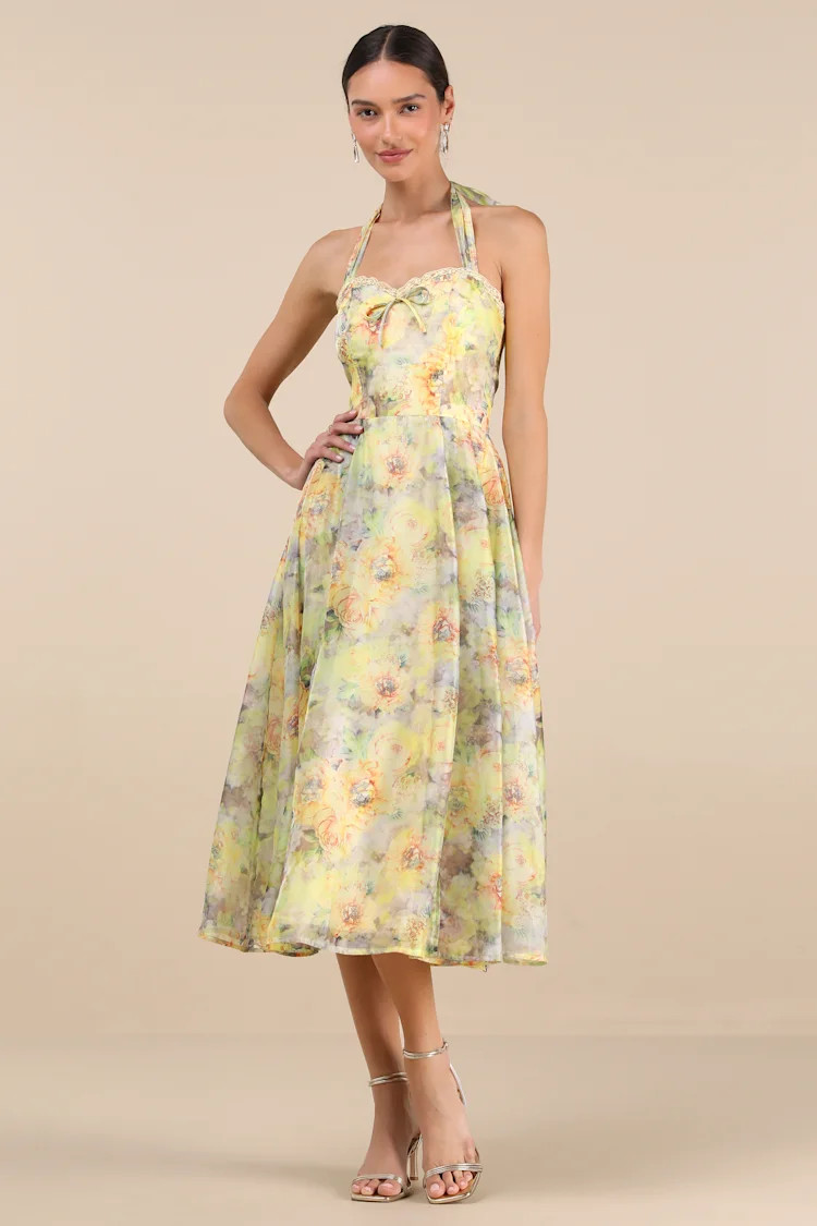 Galia Yellow Multi Floral Halter Midi Dress | Lulus