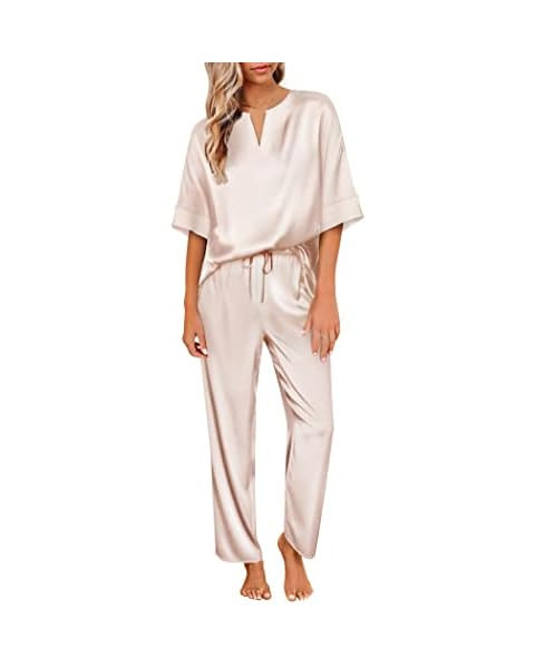 Ekouaer Womens Satin Silky Pajama Set Short Sleeve Shirt with Long Pajama Pant Set Soft PJ Lounge... | Amazon (US)