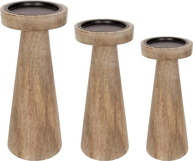 Set of 3 Pieces Wood Pillar Candle Holders, Mango Wooden Candlesticks Holders 12 Inch, 10 Inch, 8... | Amazon (US)