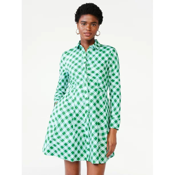 Scoop Women's Long Sleeve Fit and Flare Poplin Short Shirt Dress | Walmart (US)