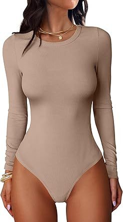 ANRABESS Women Long Sleeve Crew Neck Bodysuits Top 2025 Fall Slim Fit Ribbed Knit Soft Basic Tee ... | Amazon (US)
