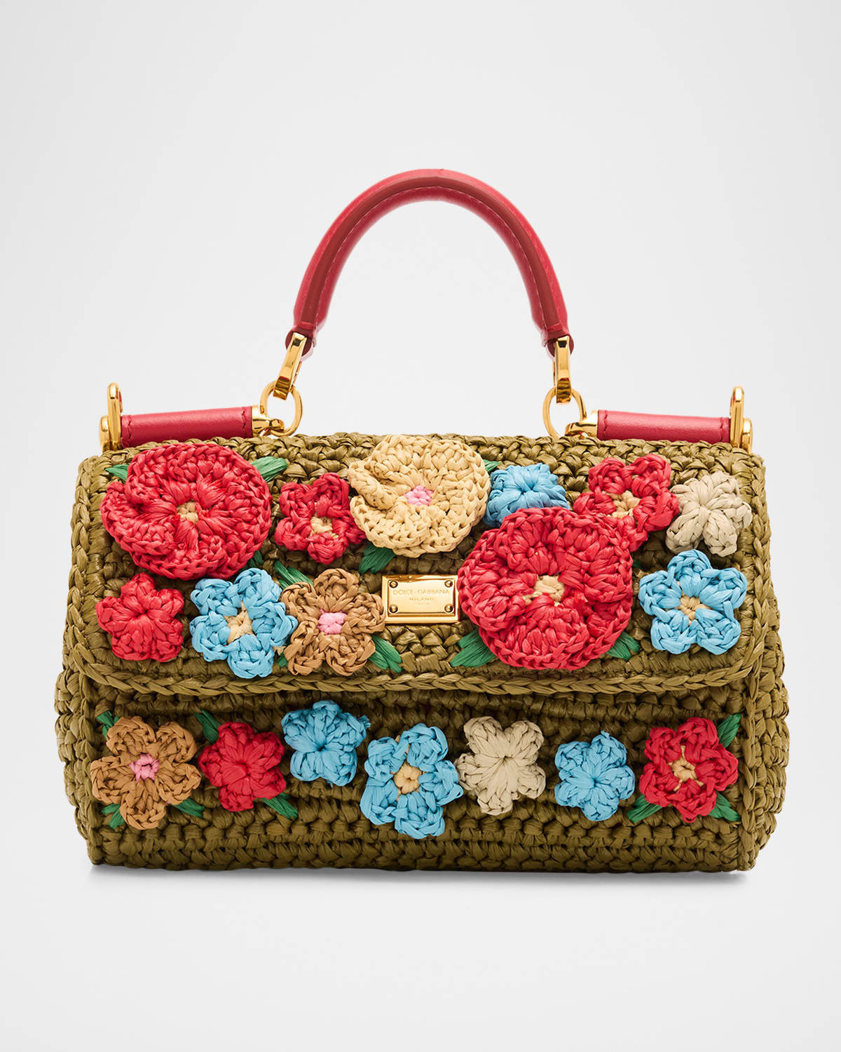 Floral Applique Crochet Faux Raffia Top-Handle Bag | Neiman Marcus