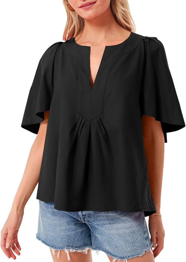 Tankaneo Womens Ruffle Short Sleeve Tops Cotton Linen Dressy Casual Pleated Loose Blouses Shirts | Amazon (US)