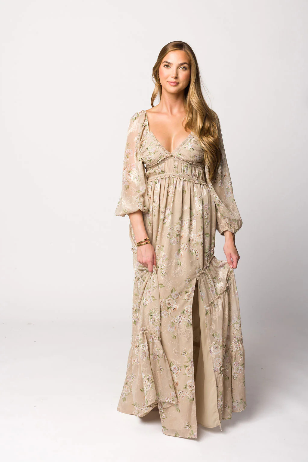 Daphne Long Sleeve Maxi Dress in Beige/Multi Floral - Bump Friendly & | Worth Collective