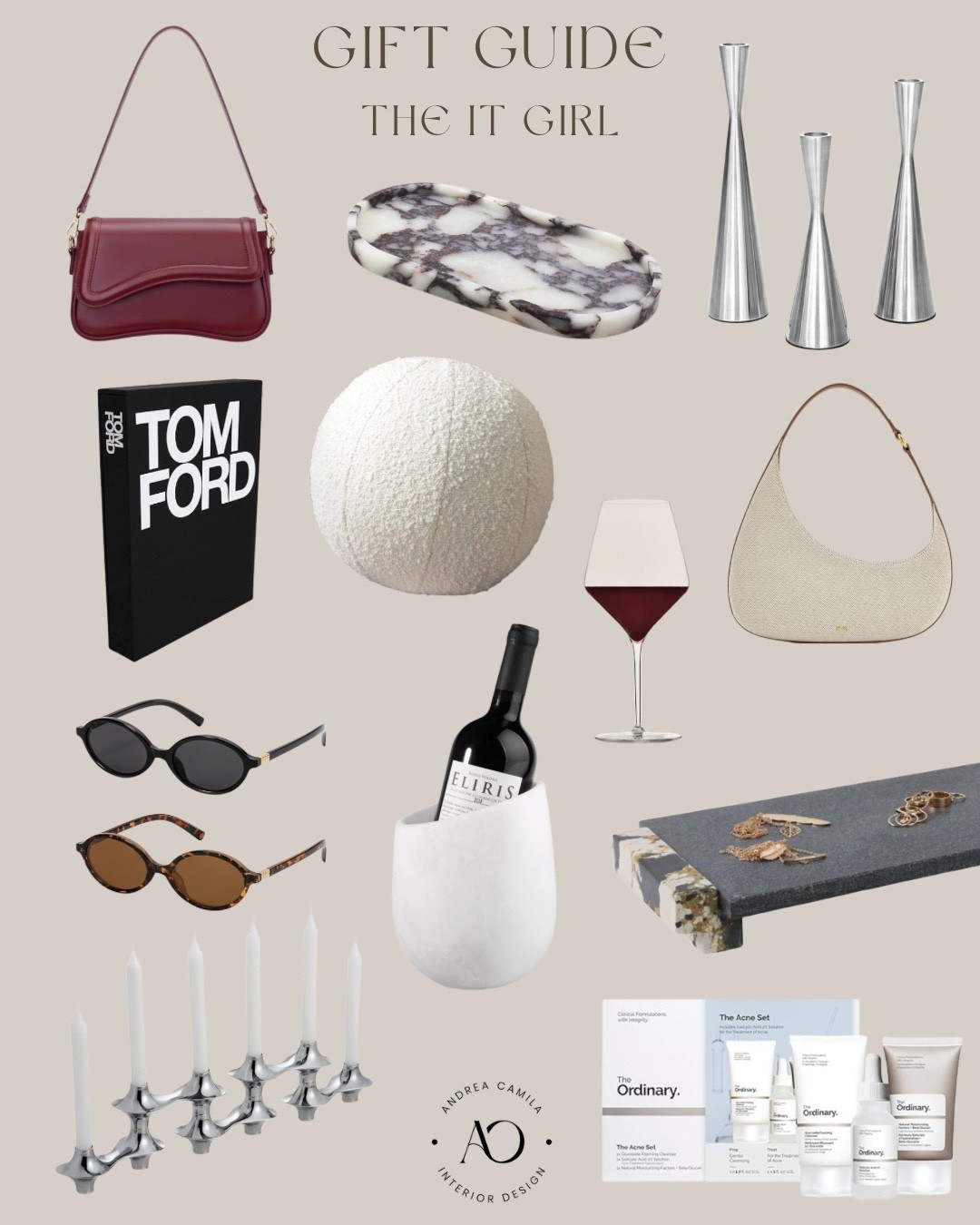 The best gift guide for the person who already has everything already. Unique gifts for her. The it girl gift guide under $50. Marble ice bucket. Red wine glasses. Marble tray. Round throw pillow. The ordinary skincare set. Linen purse neutral. Luxury gifts marble tray. Taper metal candlestick holders. Small clutch cute handbag. Coffee table book gift. Hinged candle holder modern gifts. Designer sunglasses. European modern style inspired gift ideas 

#LTKGiftGuide #LTKHoliday #LTKCyberWeek