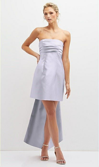 Strapless Satin Column Mini Dress with Oversized Bow in Silver Dove | The Dessy Group