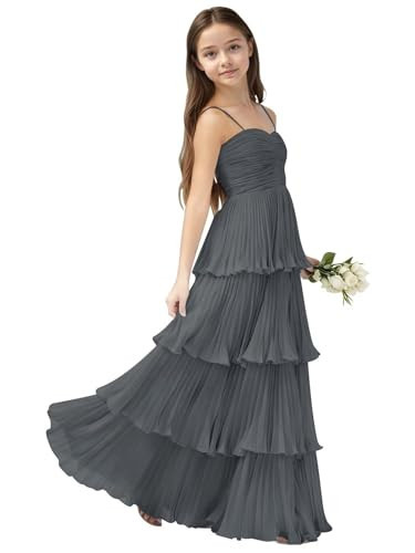 Heineyo Grey Chiffon Flower Girl Dress Girls Puffle Pleated Long First Communion Gown Wedding A-Line Tiered Junior Bridesmaid Dresses 8 | Amazon (US)