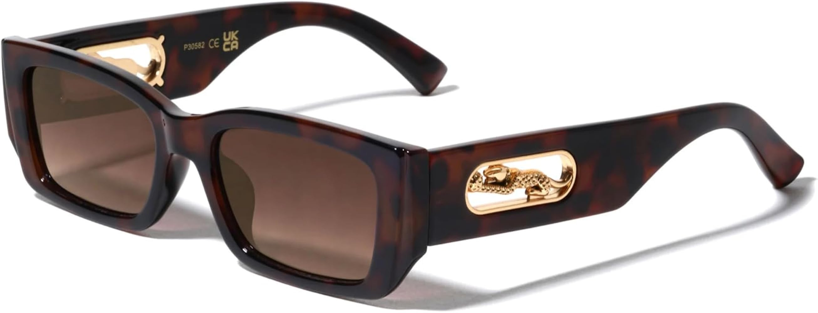 Dweebzilla Slim Sleek Plastic with Metal Jaguar Cut Out Retro Rectangular Sunglasses | Amazon (US)