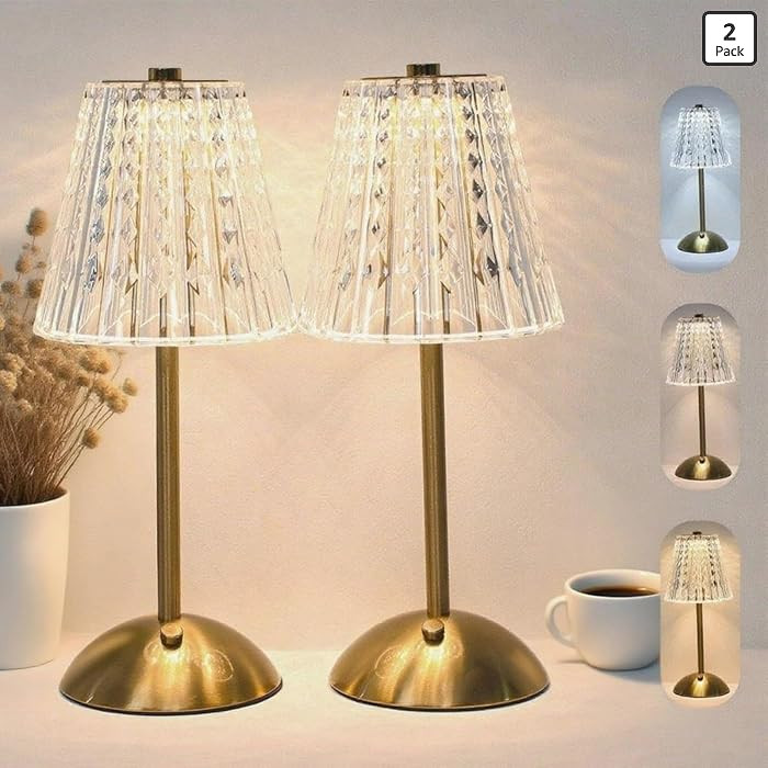 2 Pack Crystal Table Lamp, 5000mAh Rechargeable Battery Lamp with Touch Control, 3 Color Temperat... | Amazon (US)