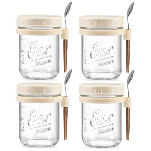 LANDNEOO 4 Pack Overnight Oats Containers with Lids and Spoons, 16 oz Glass Mason Jars with Airtight Lids, Overnight Oats Jars for Milk, Cereal, Fruit-Beige | Amazon (US)