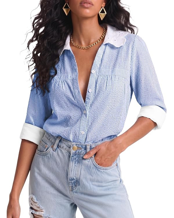 ECOWISH Striped Button Down Shirt for Women Collared Tops Long Leeve Blouse | Work Office Busines... | Amazon (US)