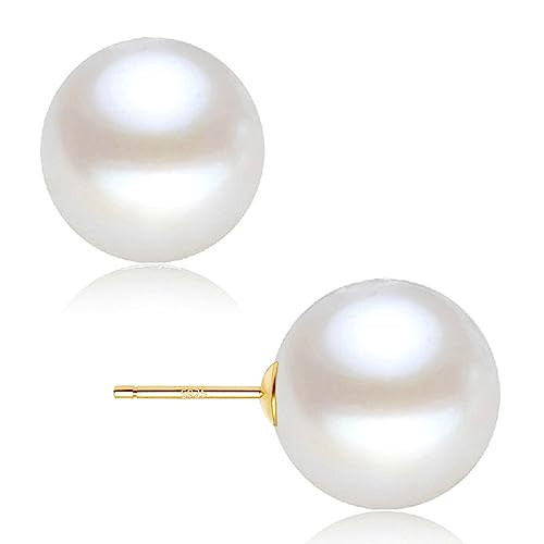 EFTKOY Pearl Earrings 18K Gold Plated Sterling Silver Big Round Studs White Simulated Shell Large Pearl Earrings for Women - 12mm | Amazon (US)