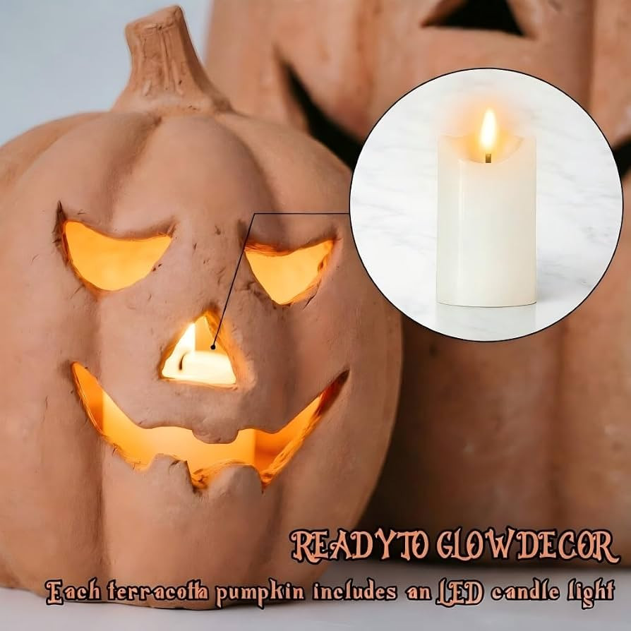 Fall Decor - Halloween Decorations - Handmade Terracotta Pumpkin Jack O' Lantern with Flameless C... | Amazon (US)