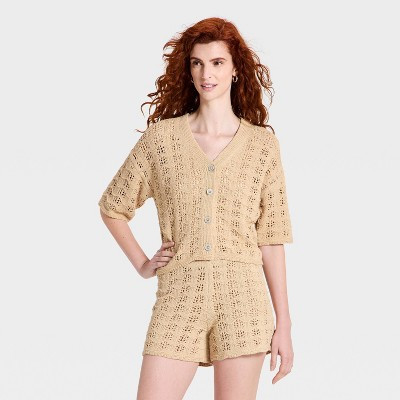 Women's Short Sleeve Cardigan Sweater - Universal Thread™ Tan XS | Target