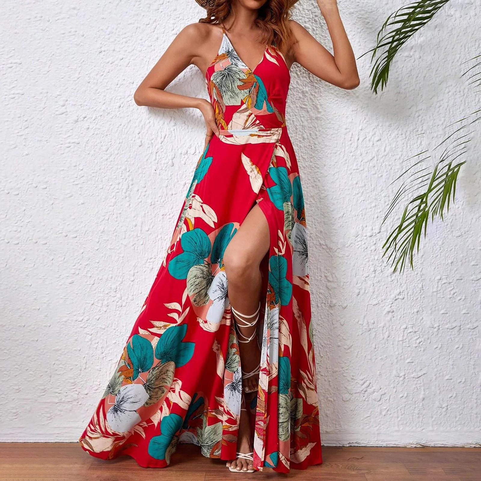 GYEDTR Womens Summer Dress Hawaiian Maxi Dresses Holiday Dresses For Women Floral Print V Neck Si... | Walmart (US)
