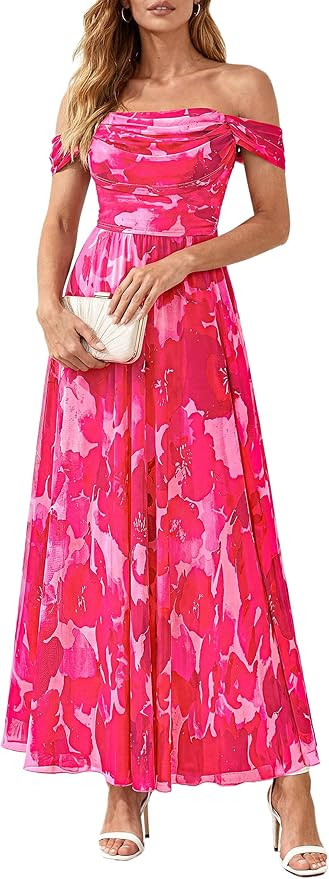 PRETTYGARDEN Womens Off Shoulder Maxi Summer Dresses 2026 Elegant Mesh Aline Swing Ruched Flowy C... | Amazon (US)