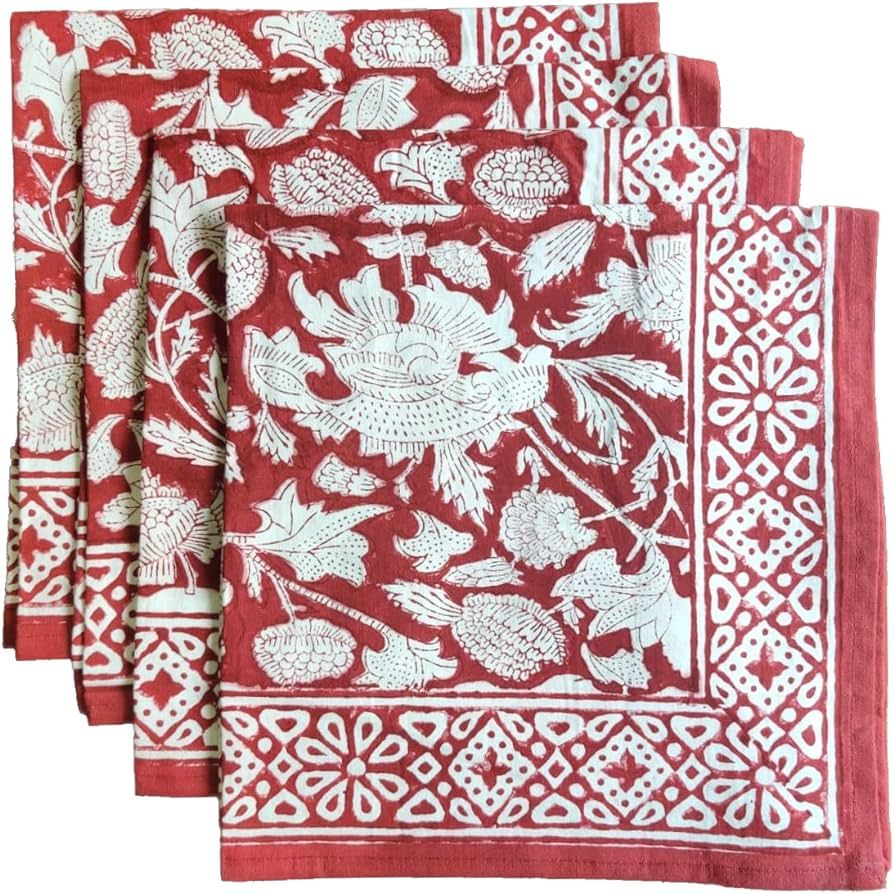 ATOSII Meraki Red 100% Cotton Fall Cloth Designer Dinner Napkins, Handblock Print, Washable Durab... | Amazon (US)