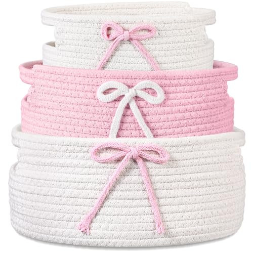 Breling 3 Pieces Coquette Bow Laundry Hamper Cotton Rope Storage Basket Bow Woven Gift Baskets Rope Bin with Handles for Decoration Organization Storage for Nursery, Pet Toy Basket(Pink, White) | Amazon (US)