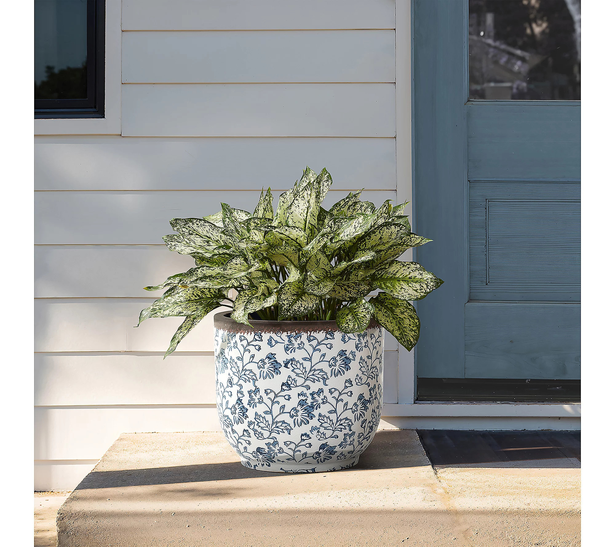 LuxenHome Blue Floral Ceramic Planter, 12.2"" Ro und Pot | QVC