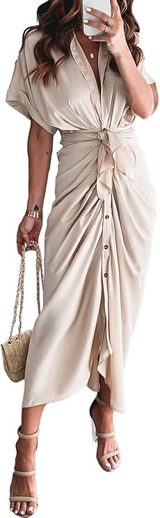 Amazon.com: Ceuplon Women Elegant Satin Button Down Short Sleeve Maxi Shirt Dress with Belt S Apr... | Amazon (US)