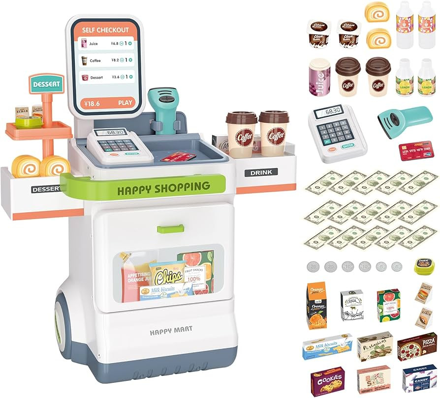 deAO Cash Register Toy,48PCS Kids Store Supermarket Playset Pretend Play with Scanner,Grocery Gam... | Amazon (US)