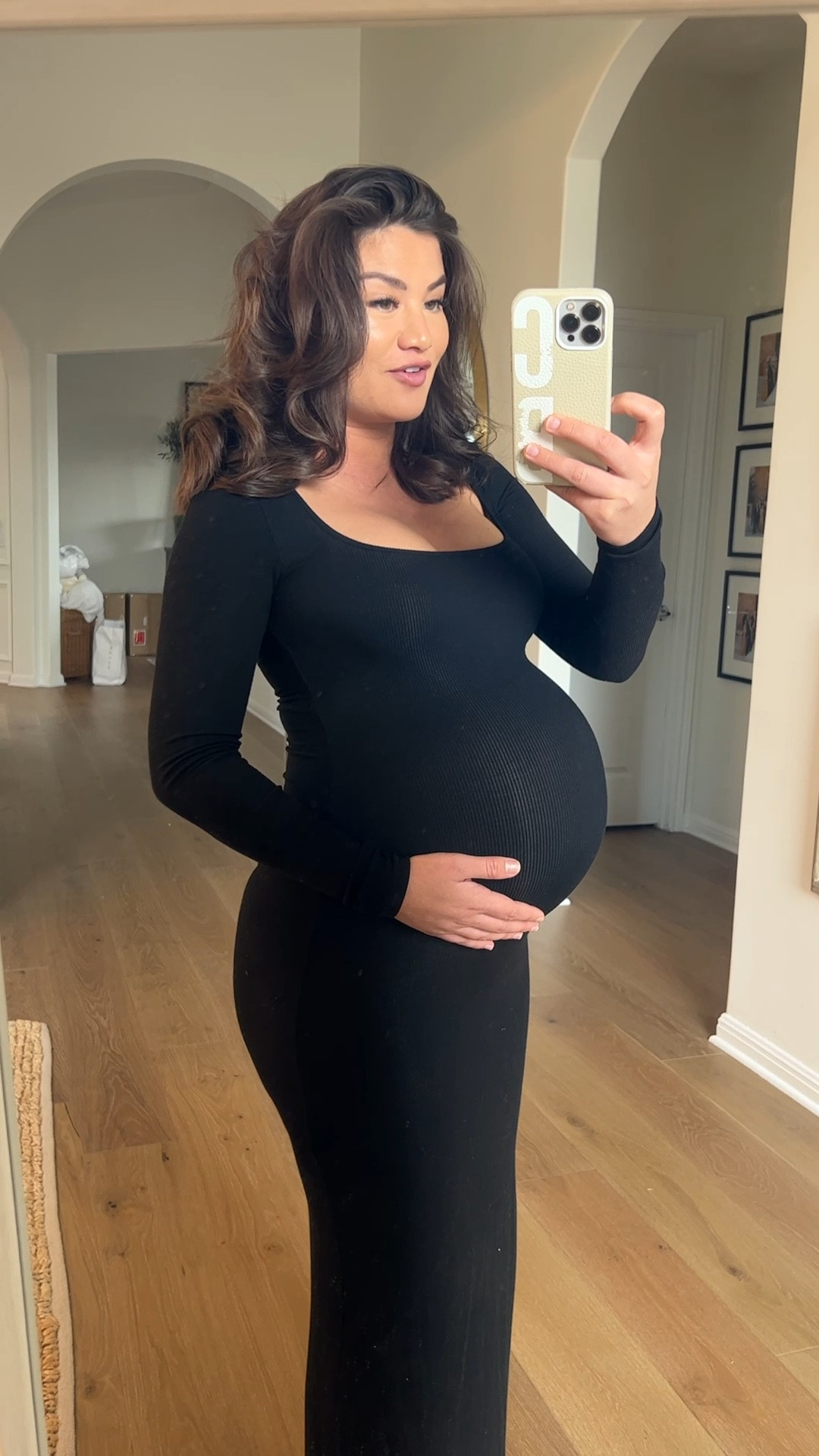 skims maternity long sleeve dress SKIMS Mock Neck Long Sleeve Long Dress | Obsidian | Black | Milky Sheer | 2XS | 2X-Small