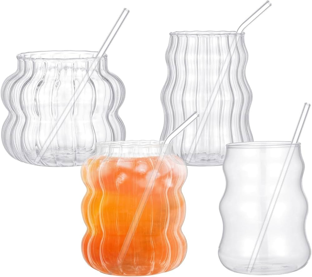 4 Pcs Creative Glassware Set Wave Shape Drinking Glasses with Glass Straw Aesthetic Cups Vintage ... | Amazon (US)