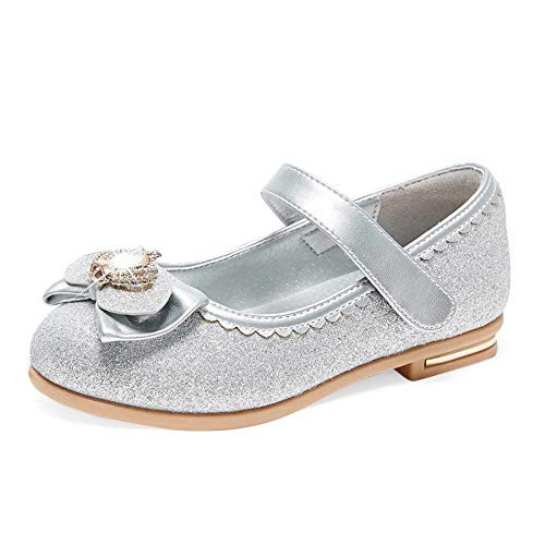 Stelle Girls Dress Shoes Glitter Princess Shoe Flower Mary Jane Low Heels Party Wedding Prom Footwear for Toddler Kids(T16-Silver, 13ML) | Amazon (US)