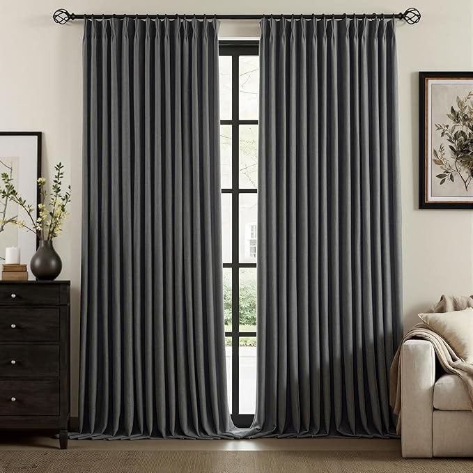 Dark Grey Pinch Pleated Full Blackout Linen Curtains 102 Inch Long | Amazon (US)