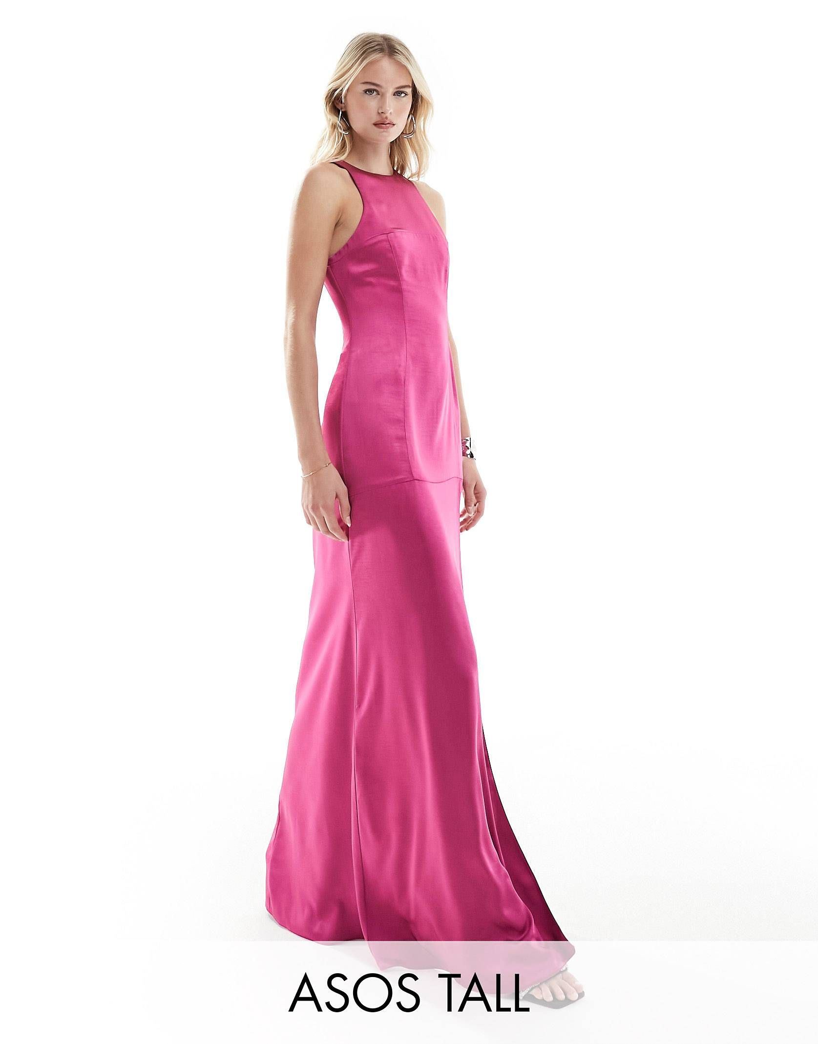 ASOS DESIGN Tall satin racer neck seam detail maxi dress in magenta pink | ASOS (Global)