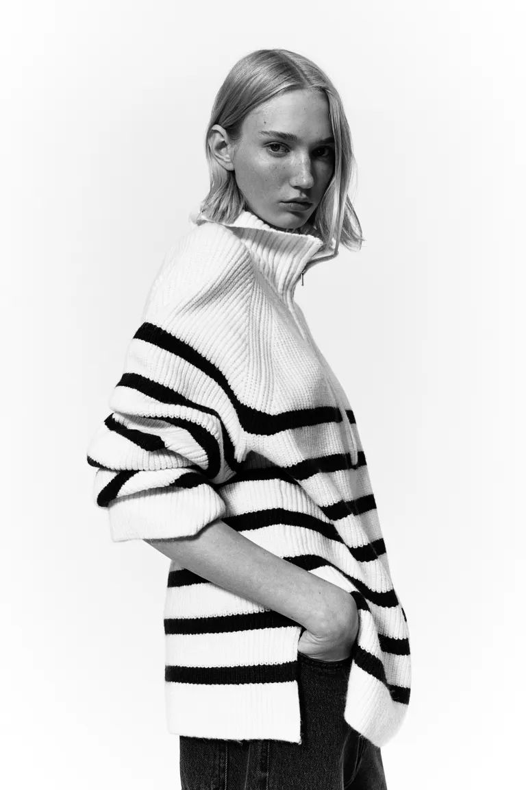 Rib-knit Half-zip Sweater - Cream/striped - Ladies | H&M US | H&M (US + CA)