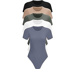 5 Pack Body Suits for Womens Short Sleeve Round Neck Casual Stretchy Basic T Shirt Bodysuit Tops | Amazon (US)