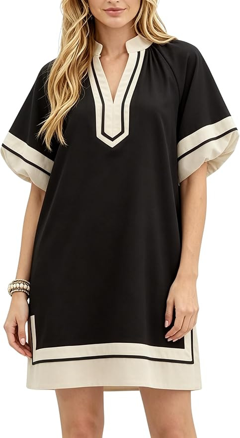 Esmeling Women's Color Block Pullover Dress V-Neck Puff Sleeve Dress Mini Shirt Dress with Pocket... | Amazon (US)