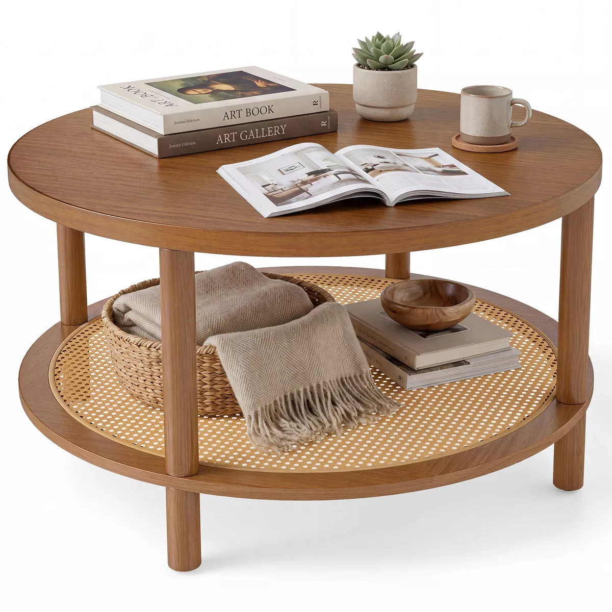 Costway 2-Tier Rattan Coffee Table,with Wood Veneered Top and Solid Rubber Wood Legs Walnut | Target