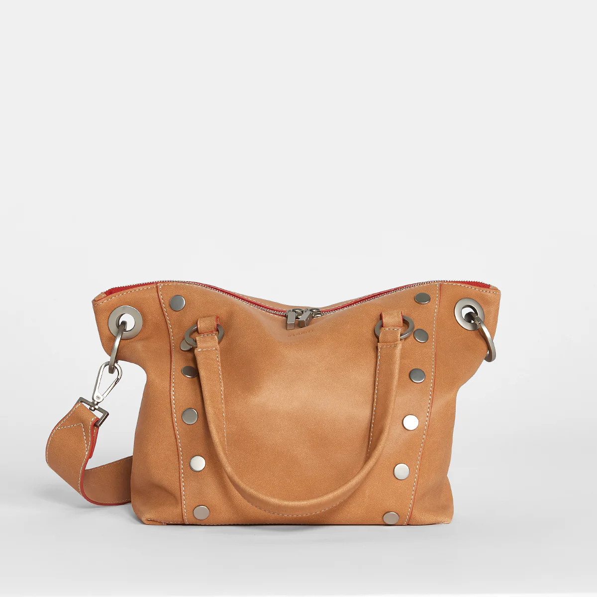 Daniel Med-Croissant Tan has rivets, a double zippered pocket and three interior drop pockets. | Hammitt (US)