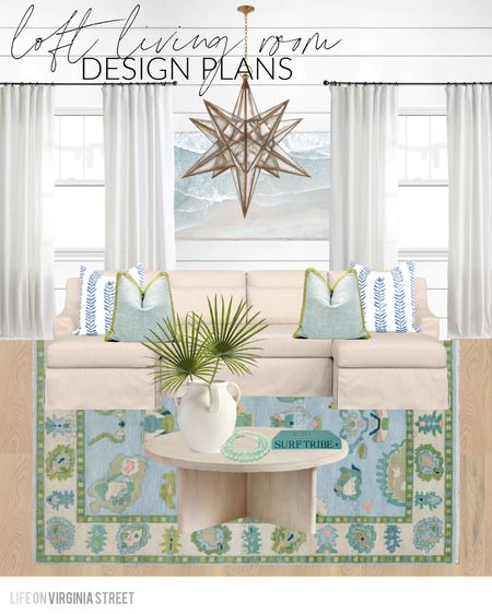 Our loft living room design plans for our new Florida home! Includes a Moravian star chandelier, blue and green colorful rug, linen sectional, round wood coffee table, white linen drapes, coastal throw pillows, and palm fronds in a white ceramic vase. See more here: https://lifeonvirginiastreet.com/additional-coastal-design-boards-for-the-new-build/.
.
#ltkhome #ltkseasonal #ltksalealert #ltkunder50 #ltkunder100 #ltkstyletip #ltkfind

#LTKsalealert #LTKhome #LTKSeasonal