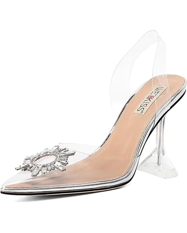 wetkiss Clear Heels Shoes for Women, Crystal Rhinestones Slingback Wedding Shoes Pointed Toe High... | Amazon (US)