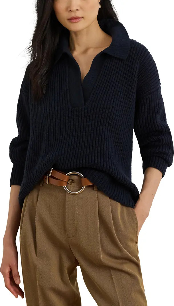 Lauren Ralph Lauren Rib Wool Blend Johnny Collar Sweater | Nordstrom | Nordstrom