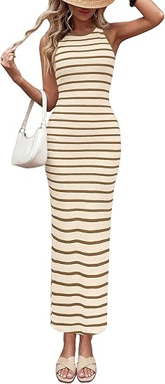 PRETTYGARDEN Sundresses for Women 2026 Summer Striped Knit Side Slit Spring Fashion Bodycon Maxi ... | Amazon (US)
