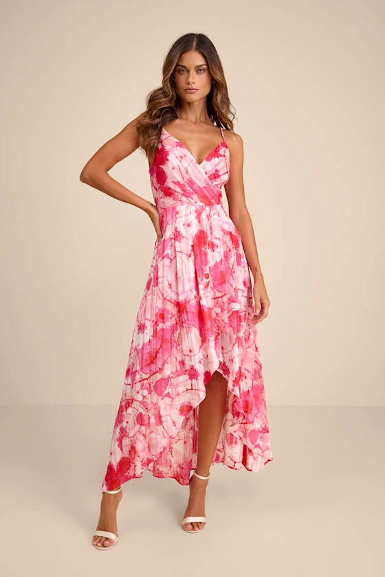 An Enchanting Dream Pink Multi Print High-Low Maxi Dress | Lulus