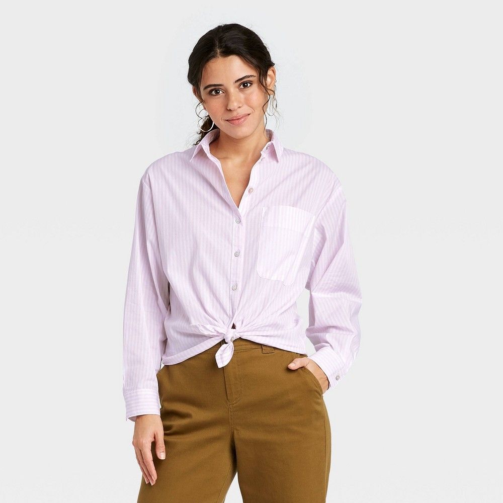 Women's Striped Long Sleeve Button-Down Boyfriend Shirt - A New Day Light Pink S | Target