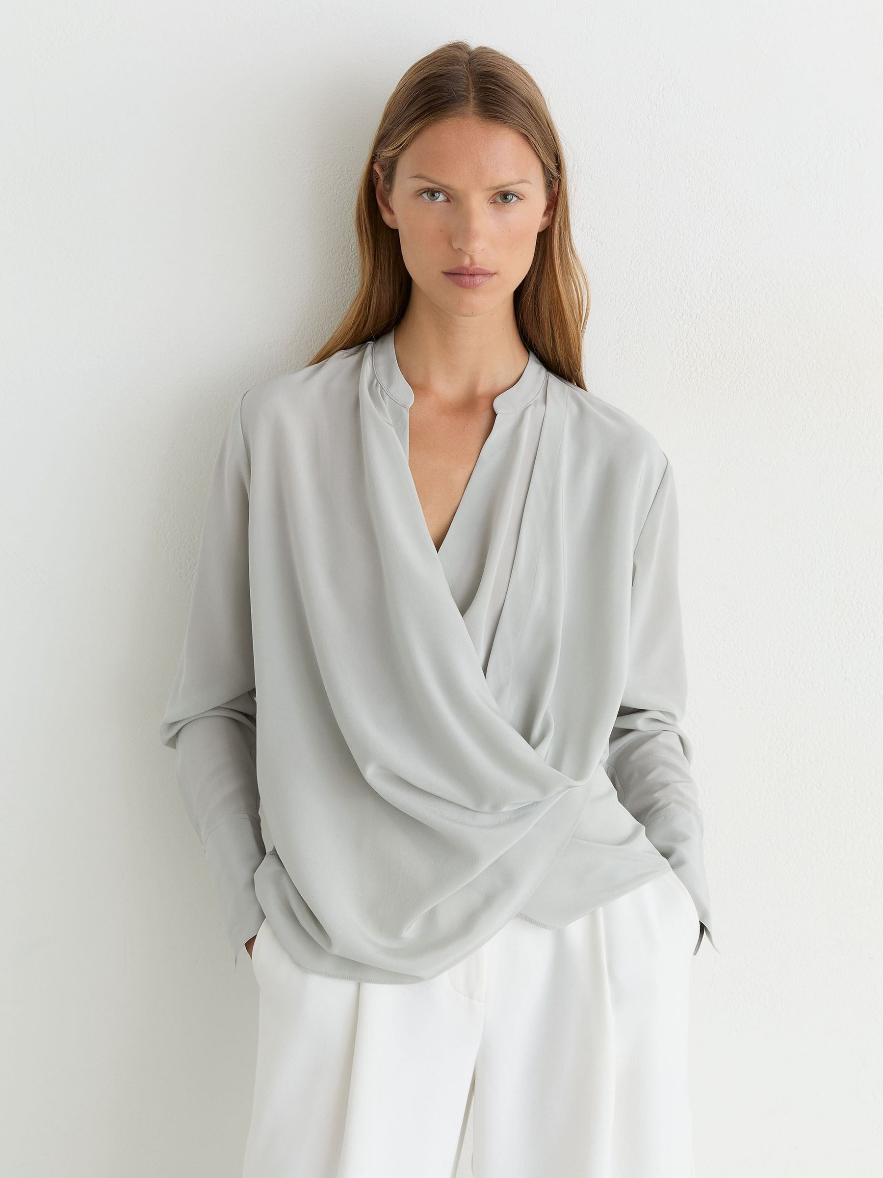 Reiss Matte Silk Draped Shirt in Grey - REISS | Reiss UK