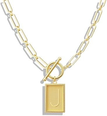 Gold Initial Necklaces for Women, Toggle Clasp Square Letter Pendant Necklace Trendy 14K Gold Pla... | Amazon (US)