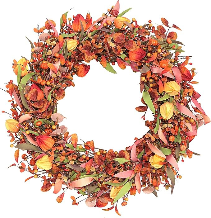 22" Artificial Fall Wreaths for Front Door Autumn Wreath for Home, Fall Wreath with Pumpkins Euca... | Amazon (US)