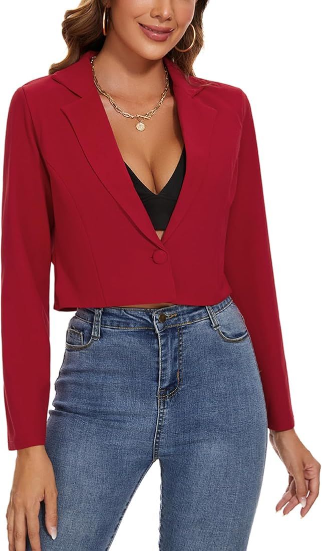 MINTLIMIT Women's Cropped Blazer Long Sleeve Notched Lapel Button Jackets Blazer Casual Work Offi... | Amazon (US)