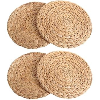 kilofly 4pc Natural Water Hyacinth Weave Placemat Round Braided Rattan Tablemats | Amazon (US)