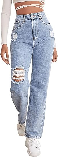 SweatyRocks Women's High Waist Straight Leg Jeans Ripped Distressed Denim Pants | Amazon (US)